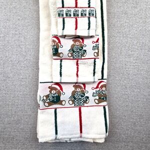 Vintage Santens Of America Christmas Teddy Bear Towel Set Bath Hand Washcloth